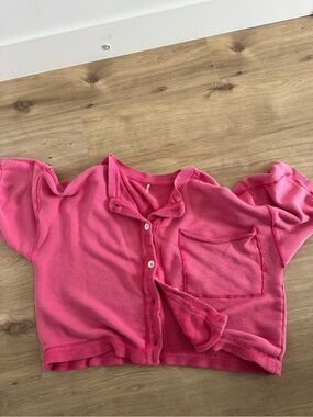 Free People Hot Pink Cropped Button-Down Pocket Top